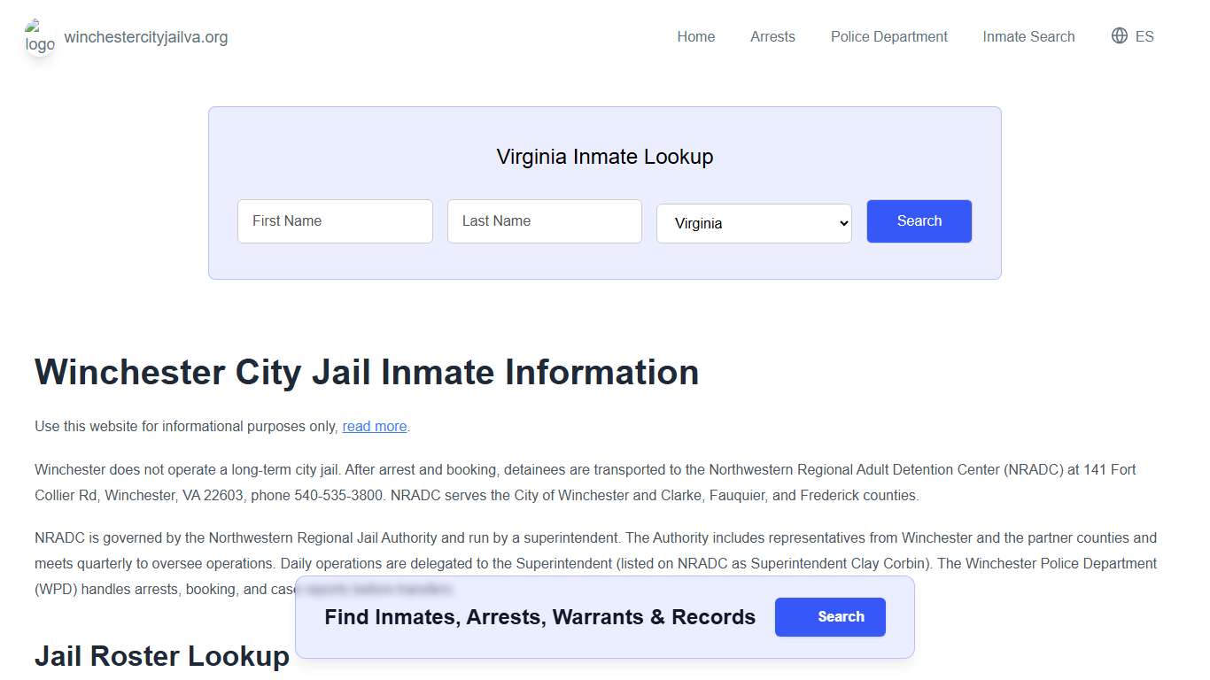 Winchester Jail, VA Inmate Roster, Municipal Jail Info